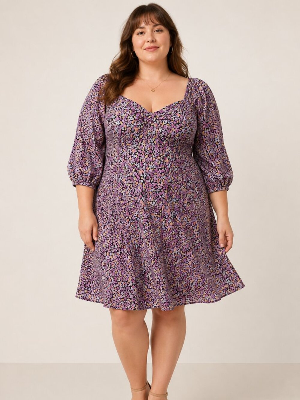 Addition Elle Floral Smocked Babydoll Dress 1X Purple Puff Sleeve